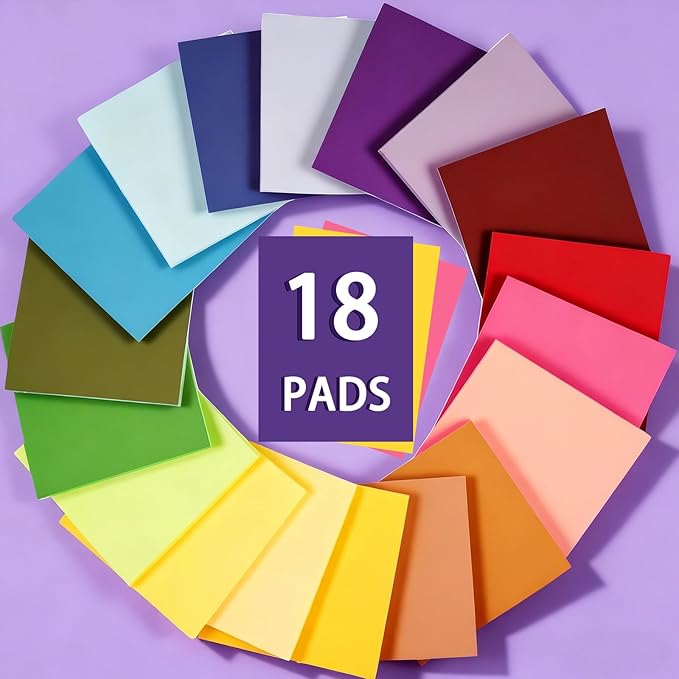 (18 Pads) Sticky Notes 3x3 inch, Self-Stick Note Pads, 18 Colorful Sticky Note for School Supplies or Office Supplies