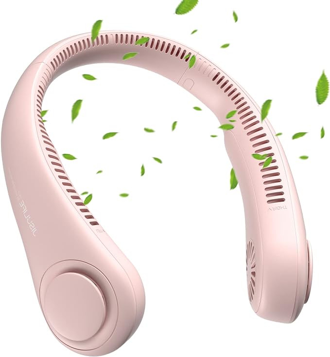 JISULIFE Neck Fan Portable, Personal Wearable Fan with Battery Rechargeable, Bladeless Travel Cooling Design with Powerful Wind, 3 Speeds, Quiet, Gifts for Men/Women/Friends - Pink