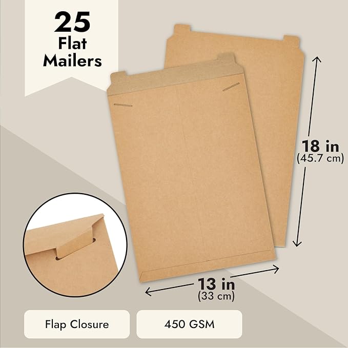 Juvale Rectangular Flat Mailers - Heavyweight 450 GSM Stock & Art Mailers - Poster Mailer Envelopes for Prints & Documents - Adhesive Flap Closure & Mailing Envelopes - 13 x 18 in, Brown, Pack of 25