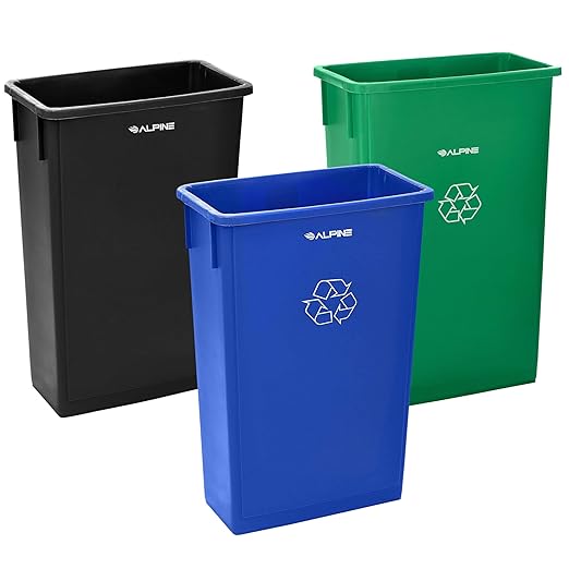 Alpine 23 Gallon Slim Recycling & Trash Bin Set – 3-Pack Blue/Black/Green Plastic Narrow Open-Top Garbage Cans for Office, Home, School & Commercial Use