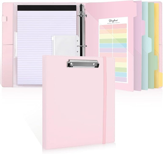 SKYDUE 3 Ring Binder with Clipboard,1 Inch Binder, 13.2" × 10.2" PU Clipboard Binder with Notepad & 5 Dividers with 5 Pockets, Labels, Clipboard Folder Great for School Office(Fit Letter Sized Paper)