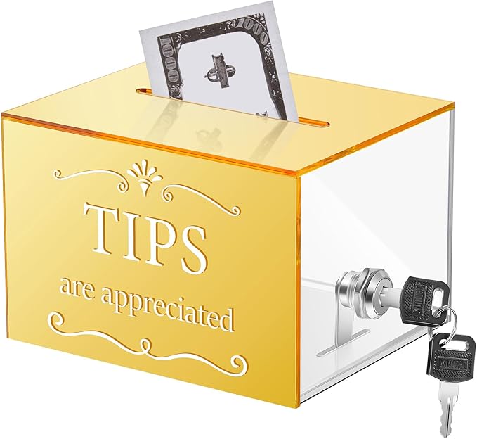 Vesici Acrylic Tips Jar Donation Tip Bucket 6 x 4 x 5 Inch Collection Money Storage Container Suggestion Box Raffle Cash Box for Bartender Bars Restaurants Musicians Driver Coin (Gold)