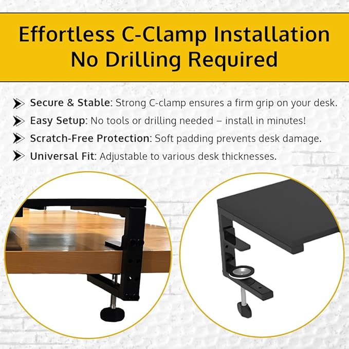 Ergonomic Clamp on Computer Monitor Laptop Riser Stand with Drawer, 21.6 x 9.8 inch - Black