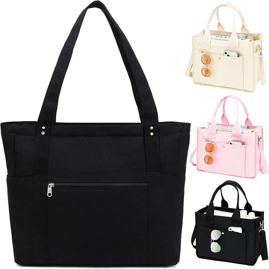 Large Canvas Tote Bag for Women with Zipper & Compartments, Crossbody Laptop Bags for Work College Travel