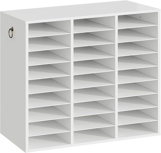 HOOBRO Literature Organizer, 27 Compartments Wooden Mail Organizer, Countertop Literature Sorter with Adjustable Shelves for Home, Office, School, Student Mailbox for Classroom, White WT27WF01