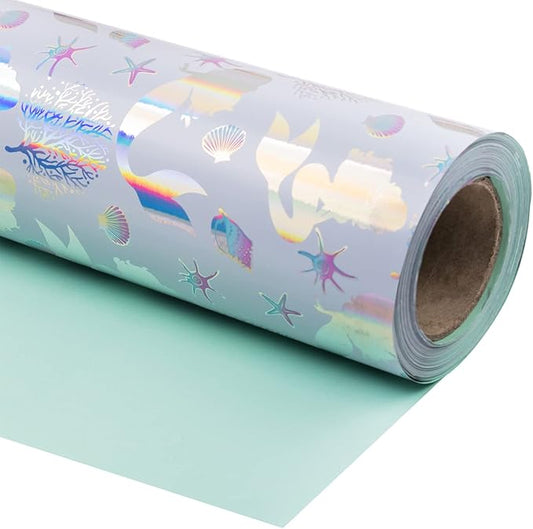 WRAPAHOLIC Reversible Wrapping Paper - Mini Roll - 17 Inch X 33 Feet - Mermaid with Colorful Foil Design for Kid's Birthday, Party, Baby Shower