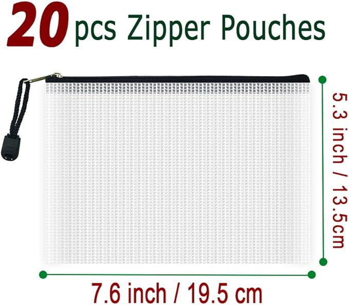 AUSTARK 20 Pcs Zipper File Bags, Plastic Mesh Pouch, Board Game Storage, Waterproof Bags for Office School (B6 Size 7.6''x5.3'', White and Black)