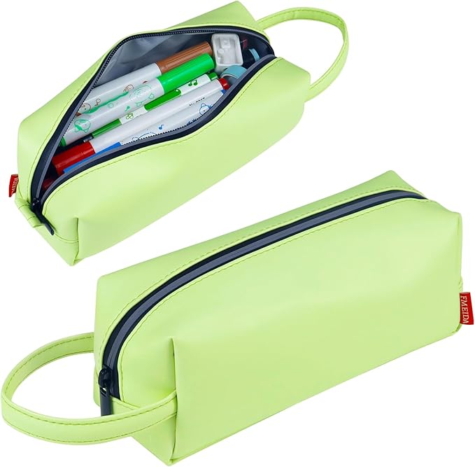 Fmeida Pencil Case Pencil Bag Green Pencil Pouch PU Leather Pen Case Pen Holder Stationery Organizer Pouch Zipper Bag for Pencils Pens Markers Makeups