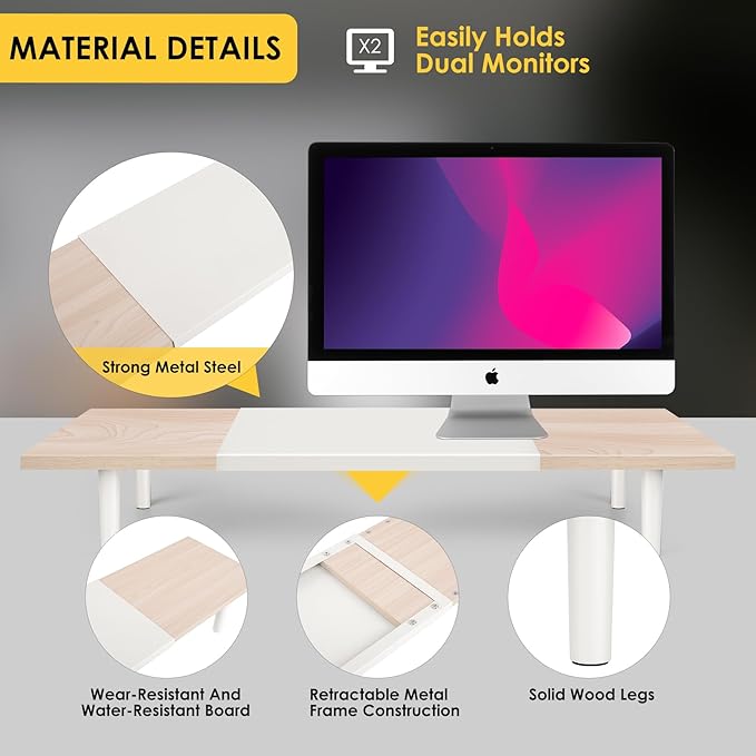 Dual-Monitor-Stand-Riser-For-Desk Adjustable Length 32-40 Inch，Large Desktop Computer Monitor Riser For 2 Screens，Desk Shelf Organizer Riser Stand For Computer/Laptop/PC/Printer/TV Maple
