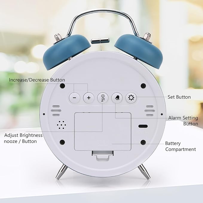 JUSTUP Digital Small Alarm Clock, 4.5 Inch Double Bell Electronic LED Alarm Clock, Plug in or Battery Operated Silent Metal Table Clock, Bedside Loud Bell Clock for Heavy Sleepers Adults Kids (Blue)