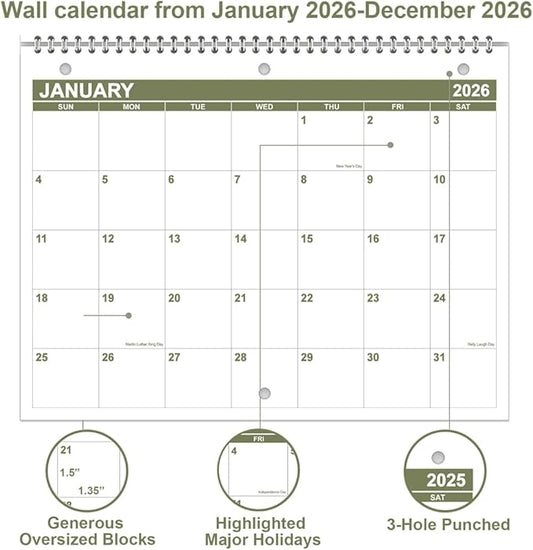 Calendar 2026 for 3 Ring Binder - Calendar 2026 from January 2026 - December 2026, 12 Months Calendar with Premium Paper, 3-Hole Wall Calendar, 8.5" x 11", Green
