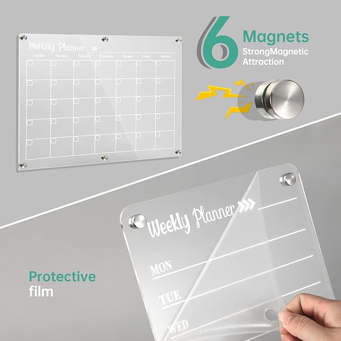 Acrylic Magnetic Dry Erase Board for Fridge，Set of 3 Transparent Planning Boards for Monthly Calendar, Weekly Includes 6 Dry Erase Markers, 1 Eraser and Magnetic Pen Holder