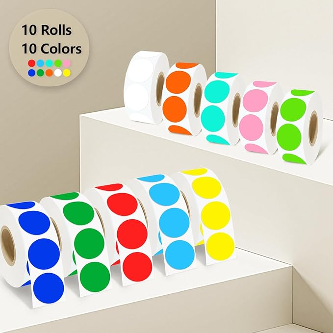 1 Inch Round Removable Thermal Sticker Labels, Color Dot Stickers, Waterproof Color Coding Sticker for Thermal Printers, Office, Retail, Home and Warehouse Organization(10 Color, 10000 Pcs)