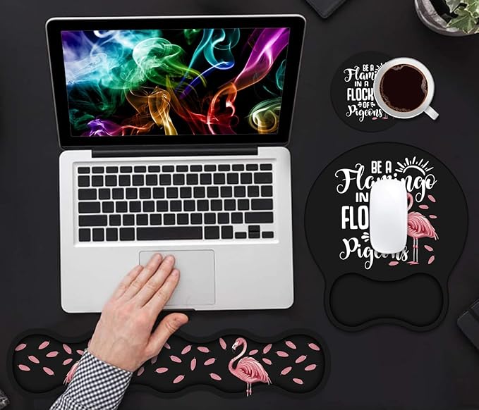 Keyboard Wrist Rest & Mouse Pad Wrist Support Set, Inspirational Quote Be a Flamingo in a Flock Pigeons Design Non-Slip Rubber PU Base for Home Office Working Studying Easy Typing & Pain Relief