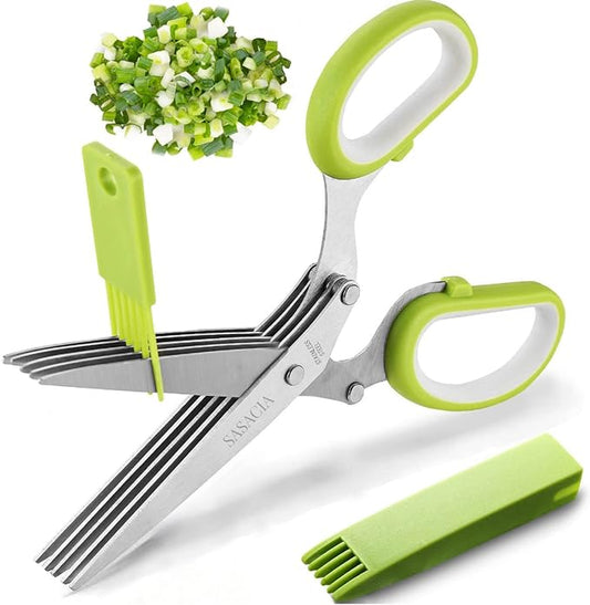 Herb Scissors with 5 Blades & Cleaning Kit, Stainless Steel Kitchen Shears for Herbs, Lettuce, Cilantro, Dishwasher Safe, Soft-Grip Handle