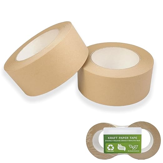 Shipping Tape 2 Rolls Recyclable Brown Kraft Paper Tape for Packing Box, Odorless Quiet Carton Sealing Storage Packaging Supplies, 2 Inch x 66 Yards/per roll
