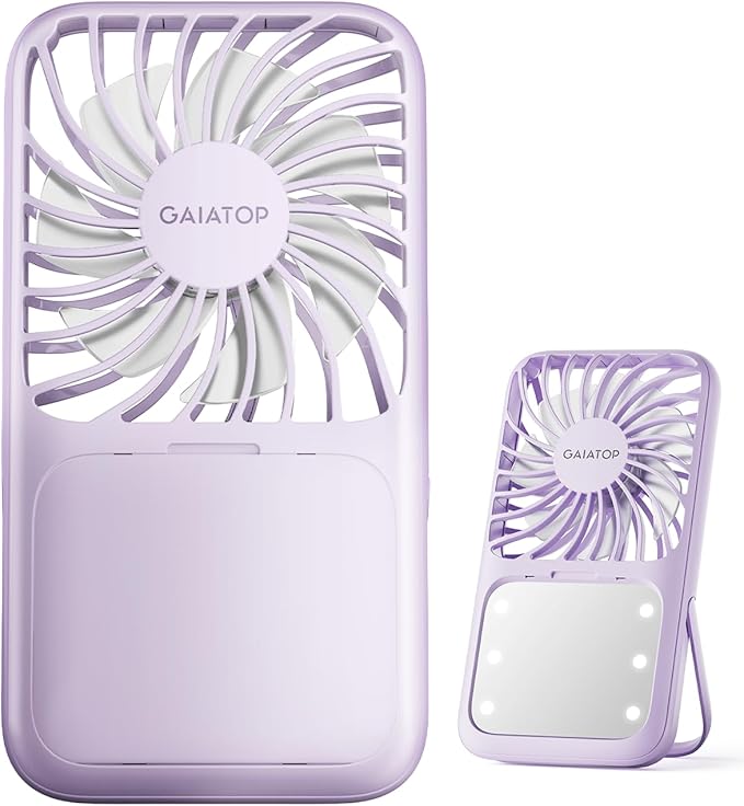 Gaiatop Portable Handheld Fan, 3 Speed LED Makeup Mirror with Light, Folding Stand for Desktop, Rechargeable Mini Personal Fans Small Travel Essentials Gifts for Women Girls