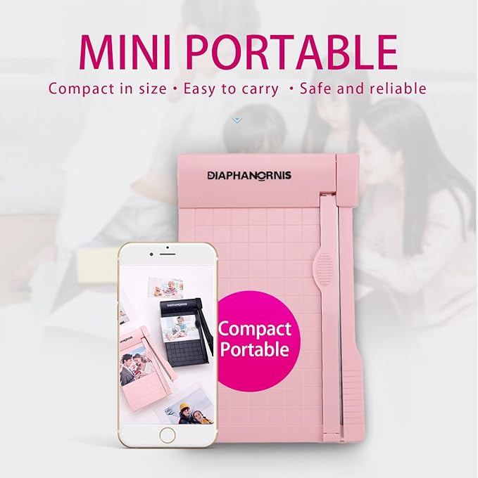 Mini Paper Trimmer, Guillotine Compact Paper Cutter, 1/4-Inch Grid for Precision Cutting, Straight Cuts Up to 3 Sheets, Perfect for Photos,Coupons,Card Making and Small Craft Projects (Pink)