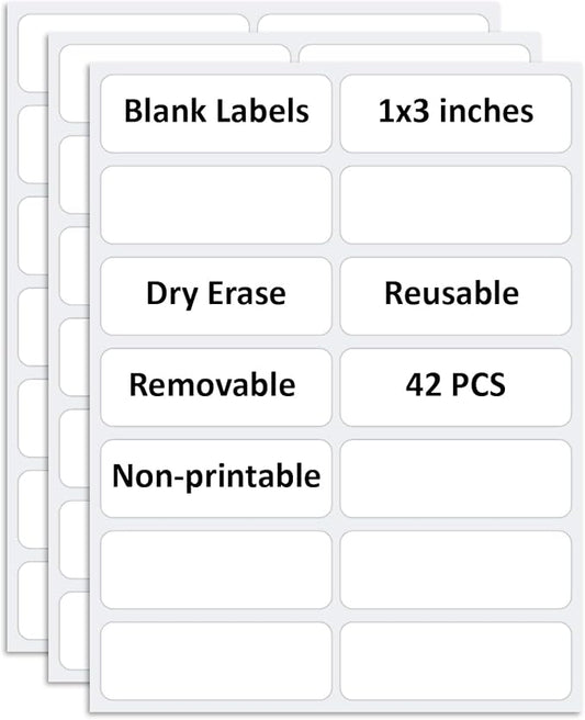 SVNOOC Multi-Use Label Stickers Small Sticky Notes, White Reusable Dry Erase Labels for Kids School Office Home Kitchen All Purpose Use Tags 42PCS (1x3 inches)