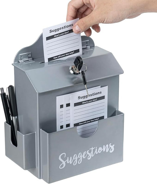 MyGift Metal Suggestion Box, Classic Matte Gray Wall Mounted or Tabletop Comment Box with Lock, Keys, Paper Sheet and Pen Holder Slots