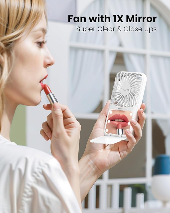 Gaiatop Portable Handheld Fan, 3 Speed LED Makeup Mirror with Light, Folding Stand for Desktop, Rechargeable Mini Personal Fans Small Travel Essentials Gifts for Women Girls