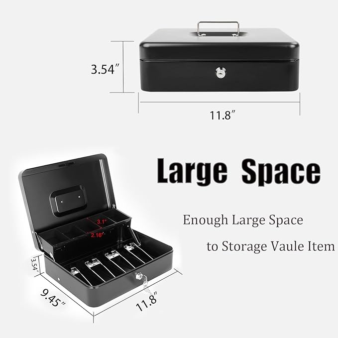 Cash Box with Money Tray and Key Lock, Saving Lock Box with Money Tray Storage for Cash Register 11.8"x9.45"x3.54" Black XL Large