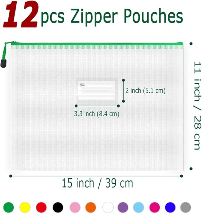 AUSTARK Plastic Mesh Zipper Pouch, 12Pcs Zipper File Bags with Label Pocket, Game Boards Storage Bags, Waterproof Document Storage Bags for Office Home Travel Cosmetic (B4 Size 15x11 in)