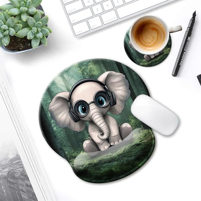 HOPONY Mouse Pad with Wrist Rest,Ergonomic Mouse Pads Wrist Support for Desk,Large Mousepad for Wireless Mouse Gaming Laptop Work Home Desk Accessories Office Supplies Decor,9 x 10 in,Cute Elephant