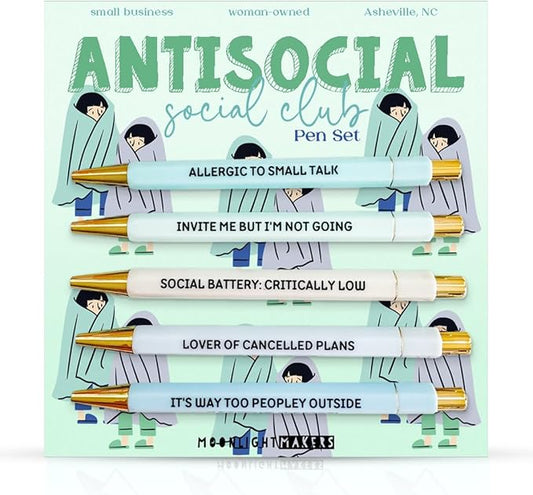 Moonlight Makers - Set of 5 Ballpoint Pens Black Ink- Engraved Funny Pens for Adults - Antisocial Social Club Adult Gifts - Ideal Desk Decor for Work & Office Desk - Cute Packaging, Handy Clips