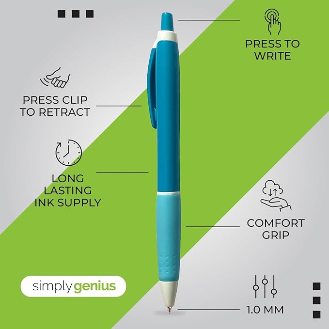 Simply Genius 100-Piece Retractable Ballpoint Pen Set - Bulk Pens for School & Office Supply - Black Ink Writing Instruments - Retractable Design with Ergonomic Grip - Pack of 100, Blue, 1.0 mm