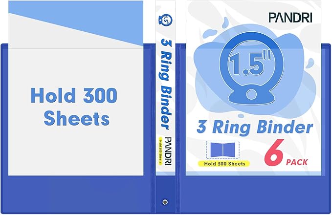 3 Ring Binder 1.5 Inch, PANDRI 6 Pack 1.5-Inch Binder Fits Letter Size 8.5'' x 11'' Paper, Versatile Binders for Office Home School, 2 Pockets, Assorted 6 Color