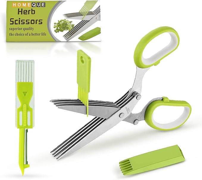 5-Blade Stainless Steel Herb Scissors Set with Vegetable Peeler, Shredder & Cleaning Comb – Multi-Use Herb Stripper for Chopping, Slicing, Shredding Kale and Fresh Herbs
