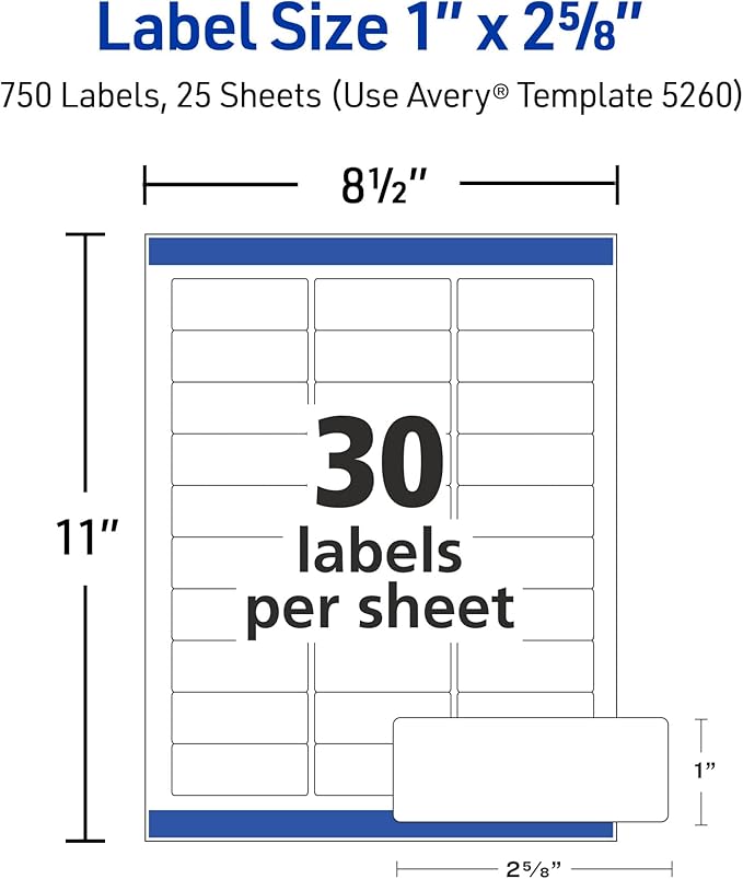 Avery Easy Peel Printable Address Labels with Sure Feed, 1" x 2-5/8" Customizable Stickers, White, 3,750 Blank Mailing Labels, Great for Mailing, Shipping, and More (5-Pack of 5260)