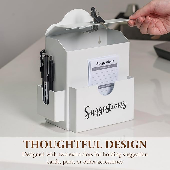 MyGift Suggestion Box with Cursive Suggestions Lettering, Wall Mounted or Tabletop Ballot Comment Box with Lock, Keys, Paper Sheet and Pen Holder Slots, White Metal