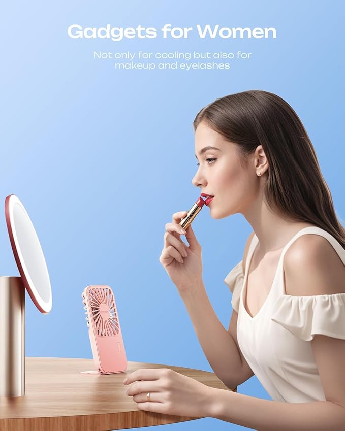 Otlonpe Rechargeable Mini Portable Handheld Fan, Small Personal Battery Powered Handheld Portable Fans for Hand Held Desktop Travel, Foldable Stand, Slim Cordless, Wrist Strap, 3-Speed (Pink)