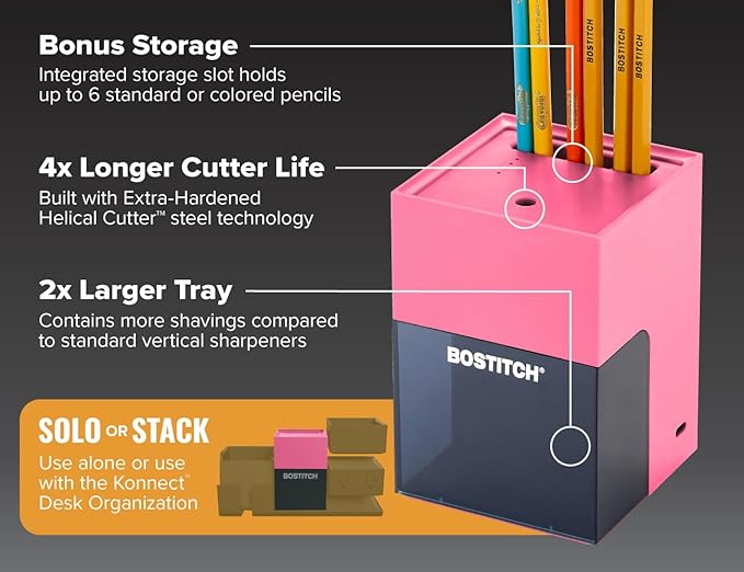Bostitch Konnect Rechargeable Pencil Sharpener (USB-C), Auto-Stop Helical Cutter, Portable Electric Sharpener for No.2/Colored Pencils, Home, Office, Classroom, Pink