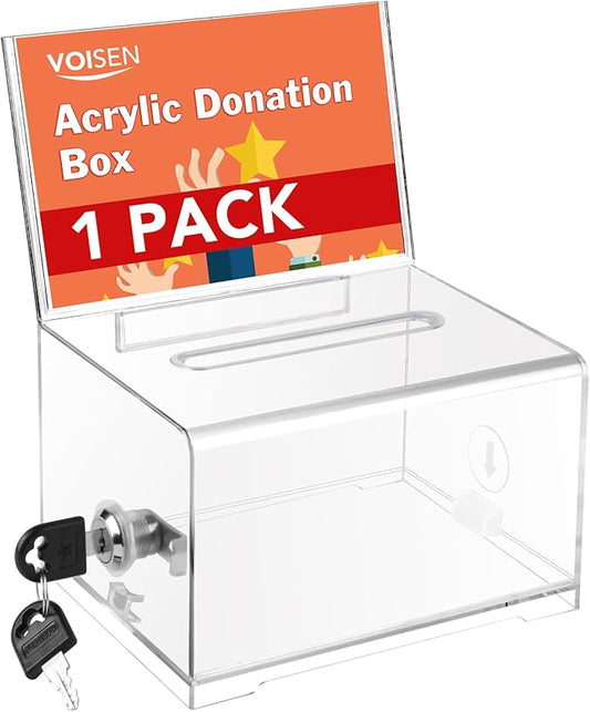 VOISEN Clear Donation Box with Lock,Ballot Box with Sign Holder,Suggestion Boxes for Fundraising, Tip Jar with Slot for School,Conference 6.2x4.6x3.9 Inch