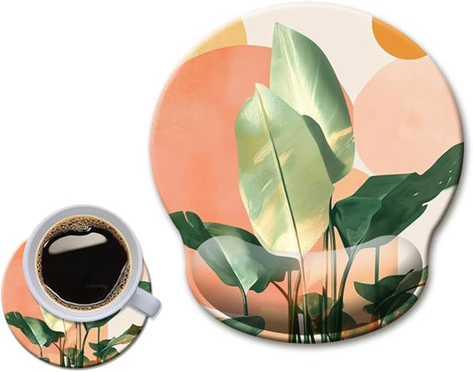 HOPONY Mouse Pad with Wrist Rest,Ergonomic Mouse Pads Wrist Support for Desk,Large Mousepad for Wireless Mouse Gaming Laptop Work Home Desk Accessories Office Supplies Decor,9 x 10 in,Tropical Plants