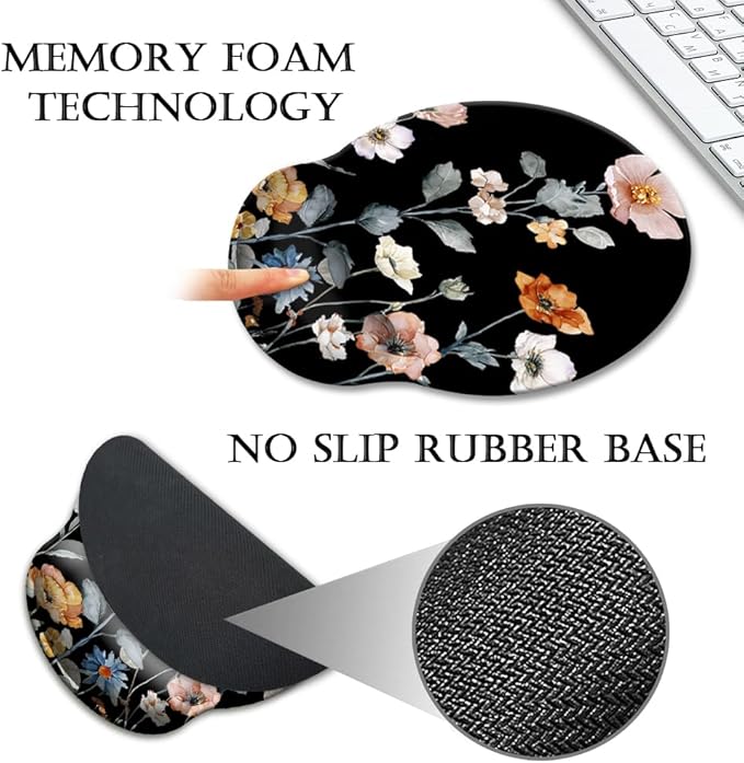 HOPONY Mouse Pad with Wrist Rest,Ergonomic Mouse Pads Wrist Support for Desk,Large Mousepad for Wireless Mouse Gaming Laptop Work Home Desk Accessories Office Supplies Decor,9 x 10 in,Floral Black