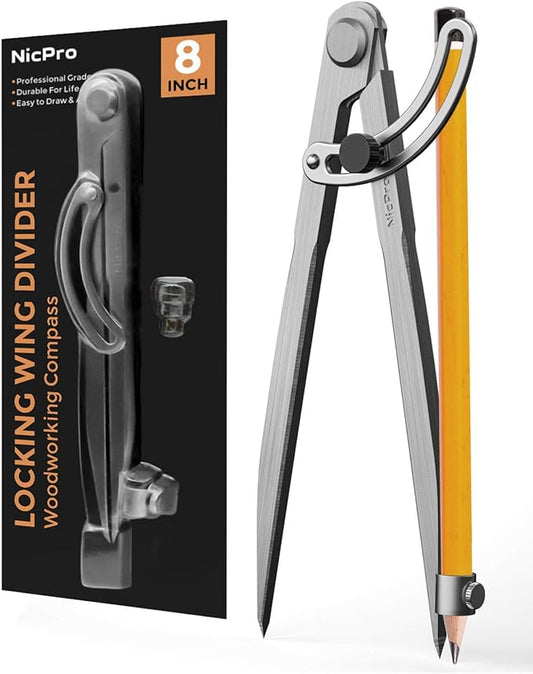 Nicpro 8 Inch Compass for Woodworking with Wing and Pencil Holder, Professional Carpenter Pencil Compass Great for Geometry, Drawing, Drafting