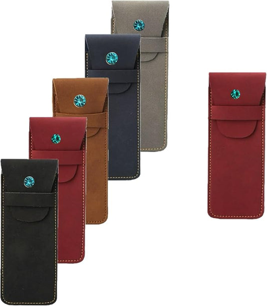 Handmade Leather Pen Case Set - 5 - Pack with Artificial Sapphire Inlay, as gift or prize，Multi - Color Pen Sleeves for Fountain Pens & Markers (mixed colors)