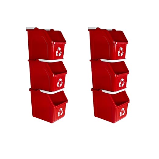 Multi Bin Recycling System with Six Stackable 6 Gallon Recycle Bins to Build Your Recycling Center for Offices, Kitchen, Garages, Businesses - (Red, 6 Pack)