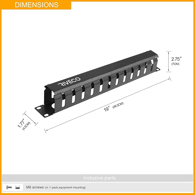 RIVECO 2PCS 1U 12 Slot Rack Manager, Server Rack Cable Management, Cord Wire Organizer with Cover for Network Rack Cabinet Horizontal Mount, 19-inches Cable Raceway