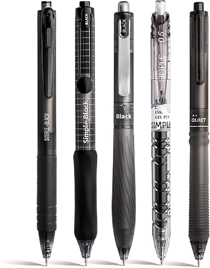 5 Count Pastel Gel Ink Pen Set,Cute Note Taking 0.5mm Fine Point Retractable 5 Count Black Ink Pens for Writing, Journaling, School, Office (Black Clear)
