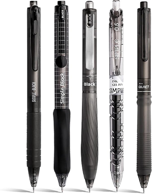 5 Count Pastel Gel Ink Pen Set,Cute Note Taking 0.5mm Fine Point Retractable 5 Count Black Ink Pens for Writing, Journaling, School, Office (Black Clear)