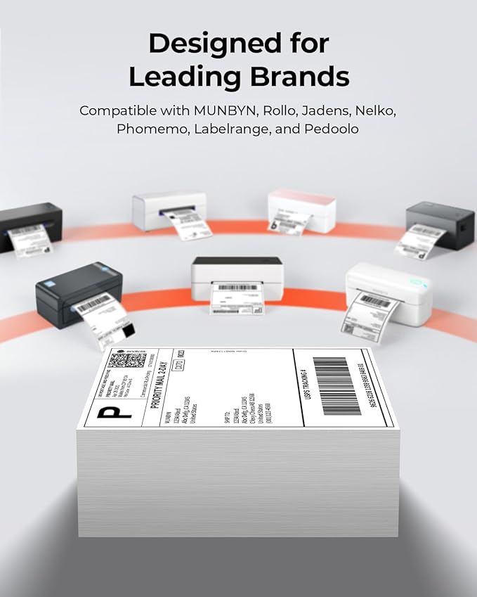 MUNBYN 4x6 Inch Direct Thermal Labels, 6000 Labels/12 Stacks(500 Pcs per Stack), Fanfold Shipping Label Paper for Thermal Printers, Permanent Adhesive Mailing Postage Labels for Shipping Packages
