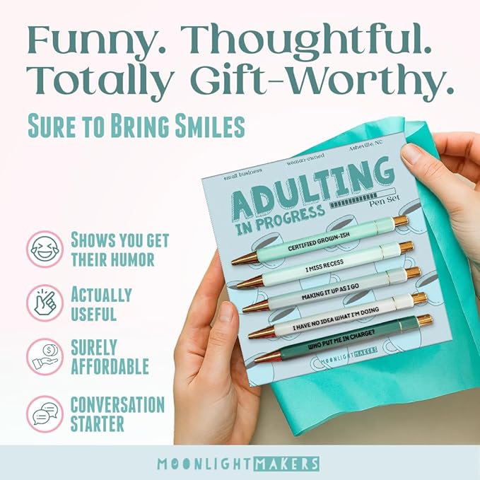 Moonlight Makers - Set of 5 Ballpoint Pens Black Ink- Engraved Funny Pens for Adults - Adulting in Progress Appreciation Gifts - Ideal Desk Decor for Work and Office Desk - Cute Packaging, Handy Clips