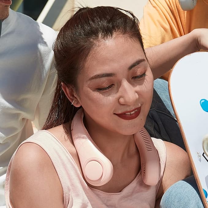 JISULIFE Neck Fan Portable, Personal Wearable Fan with Battery Rechargeable, Bladeless Travel Cooling Design with Powerful Wind, 3 Speeds, Quiet, Gifts for Men/Women/Friends - Pink