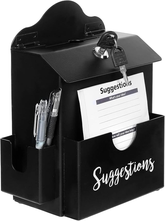 MyGift Suggestion Box with Slot and Lock, Donation Box for Fundraising, Complaint Case with Paper Sheet and Pen Holder Slots,Wall Mounted or Tabletop, Black Metal