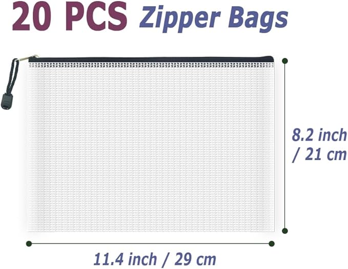 AUSTARK 20 Pcs Zipper File Bags, Plastic Mesh Pouch, Board Game Storage Bag, Waterproof Bags for Office School (B5 Size 11.4''x8.2'', White and Black)